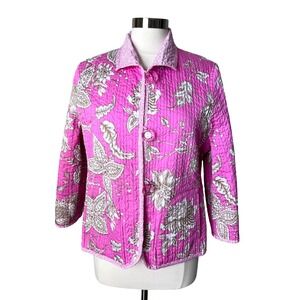 PATTY KIM Jacket Hot Pink Floral Quilted Jacket Women's Size Large